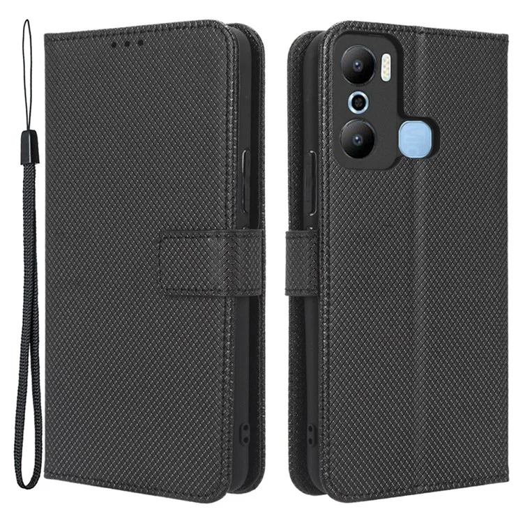 Para Infinix Hot 20 Play 4G Diamond Texture PU Leather Wallet Cover Stand Smartphone Case - Negro