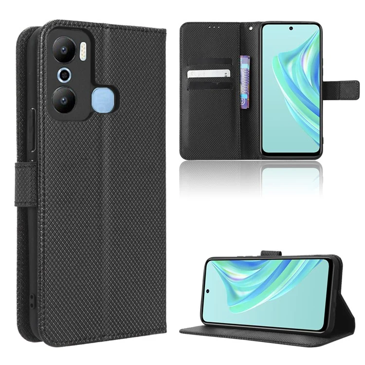 Para Infinix Hot 20 Play 4G Diamond Texture PU Leather Wallet Cover Stand Smartphone Case - Negro