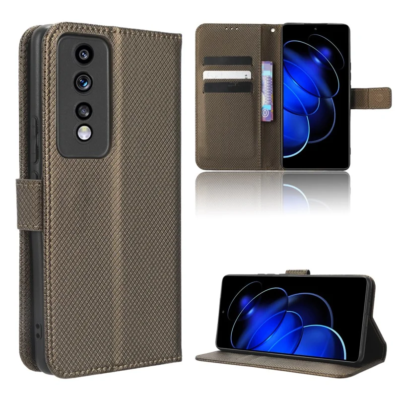 Capa de Telefone de Couro com Textura de Diamante para Honor 80 GT 5G - Carteira e Suporte - Marrom