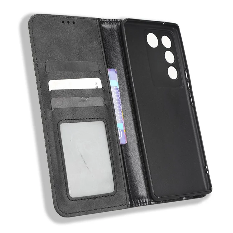 Pour vivo S16 / S16 Pro / V27 / V27 Pro Téléphone Étui en Cuir Rétro Texture Portefeuille Housse de Téléphone Mobile - Noir