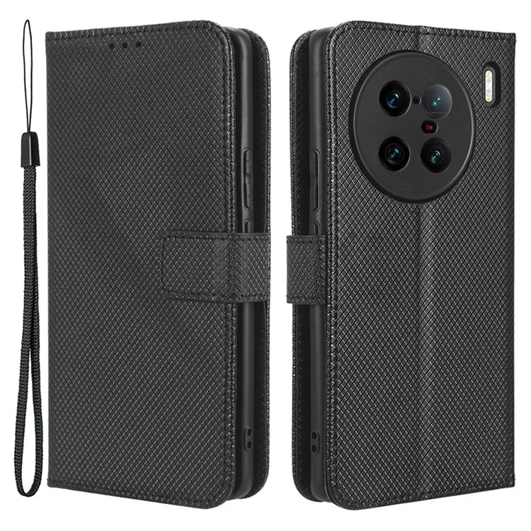 Para vivo X90 Pro+ 5G Funda de teléfono de cuero PU Textura de diamante Cartera Soporte Funda para teléfono móvil - Negro