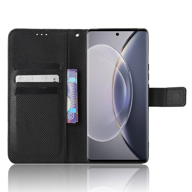 Para vivo X90 Pro+ 5G Funda de teléfono de cuero PU Textura de diamante Cartera Soporte Funda para teléfono móvil - Negro