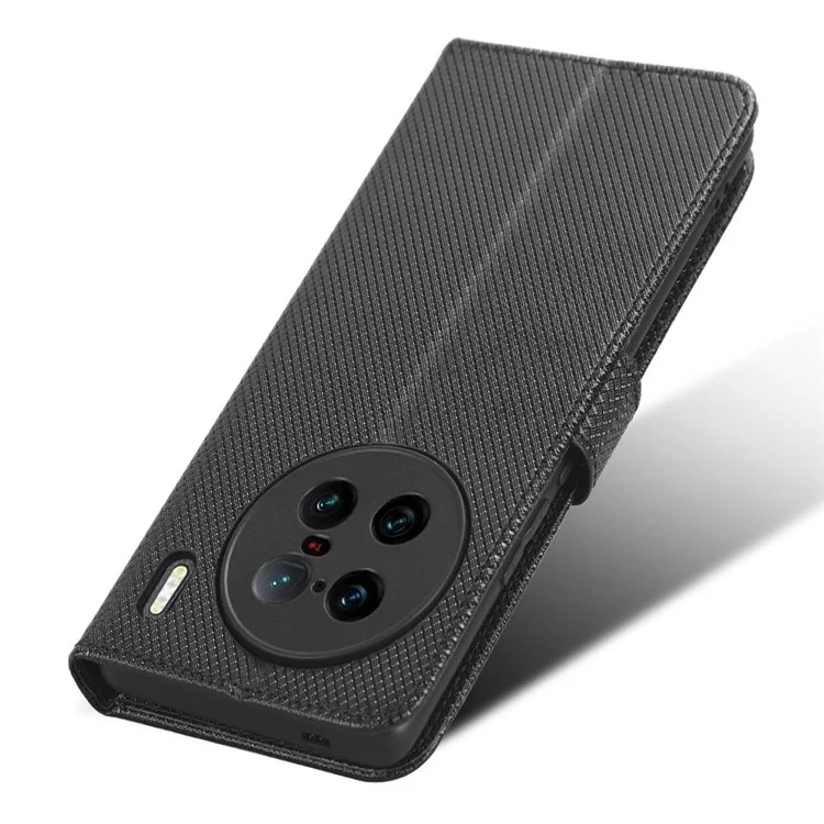 Para vivo X90 Pro+ 5G Funda de teléfono de cuero PU Textura de diamante Cartera Soporte Funda para teléfono móvil - Negro
