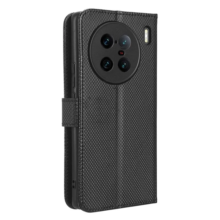 Para vivo X90 Pro+ 5G Funda de teléfono de cuero PU Textura de diamante Cartera Soporte Funda para teléfono móvil - Negro
