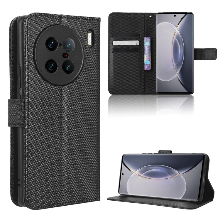 Para vivo X90 Pro+ 5G Funda de teléfono de cuero PU Textura de diamante Cartera Soporte Funda para teléfono móvil - Negro