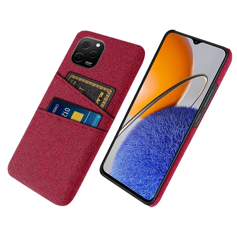 For Huawei nova Y61 4G Anti-Dust Cloth Texture Phone Back Cover Cellphone Protective Case with 2 Card Slots - Red