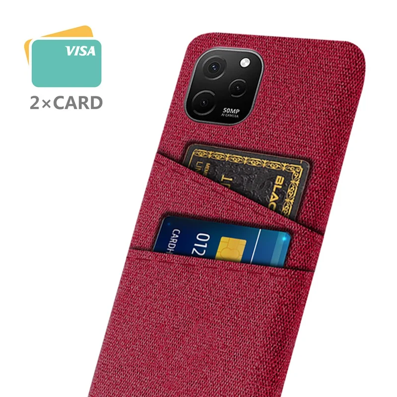 For Huawei nova Y61 4G Anti-Dust Cloth Texture Phone Back Cover Cellphone Protective Case with 2 Card Slots - Red