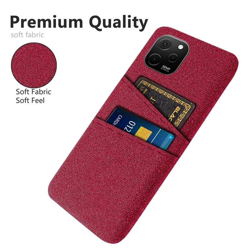 For Huawei nova Y61 4G Anti-Dust Cloth Texture Phone Back Cover Cellphone Protective Case with 2 Card Slots - Red