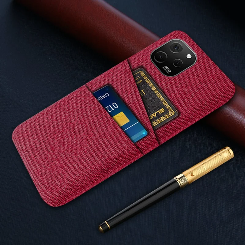 For Huawei nova Y61 4G Anti-Dust Cloth Texture Phone Back Cover Cellphone Protective Case with 2 Card Slots - Red