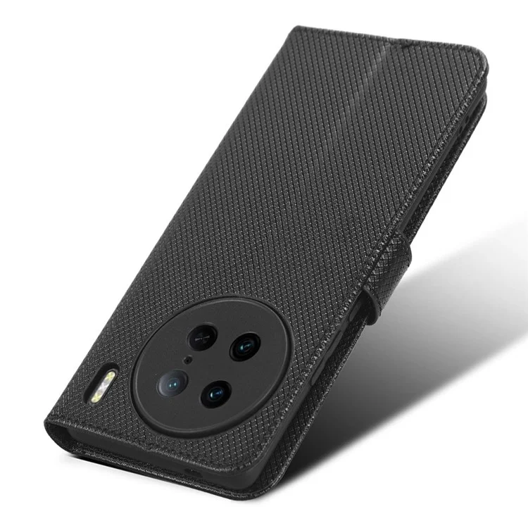 Diamond Texture Phone Leather Case für vivo X90 Pro 5G, Wallet Cell Phone Phone Stand Cover - Schwarz