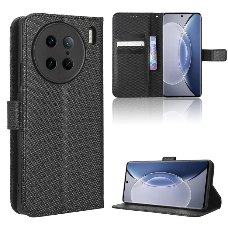 Diamond Texture Phone Leather Case für vivo X90 Pro 5G, Wallet Cell Phone Phone Stand Cover - Schwarz