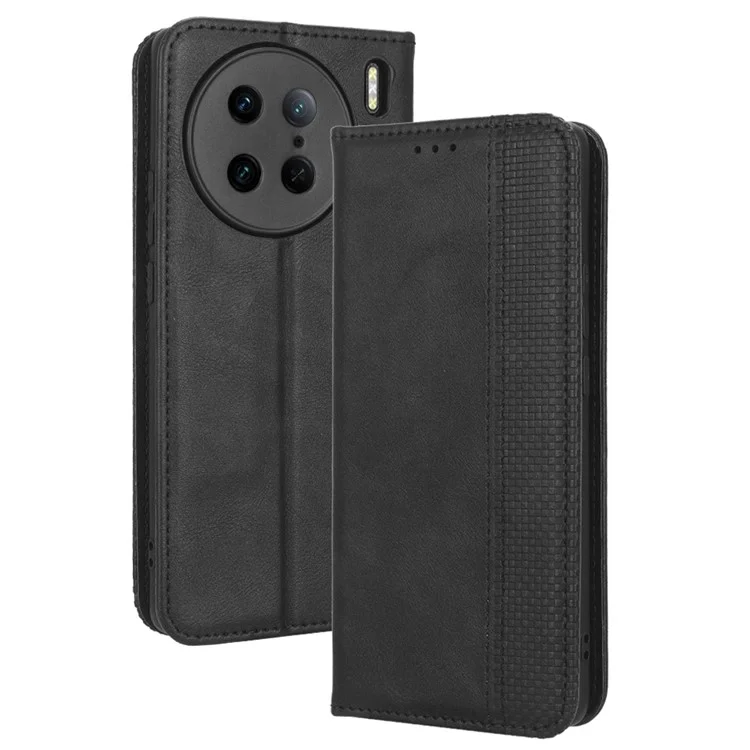 Para vivo X90 Pro 5G, funda de teléfono con soporte de cuero PU y textura retro, antirayazos, tipo cartera - Negro