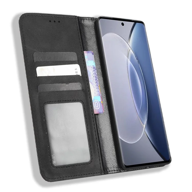 Para vivo X90 Pro 5G, funda de teléfono con soporte de cuero PU y textura retro, antirayazos, tipo cartera - Negro