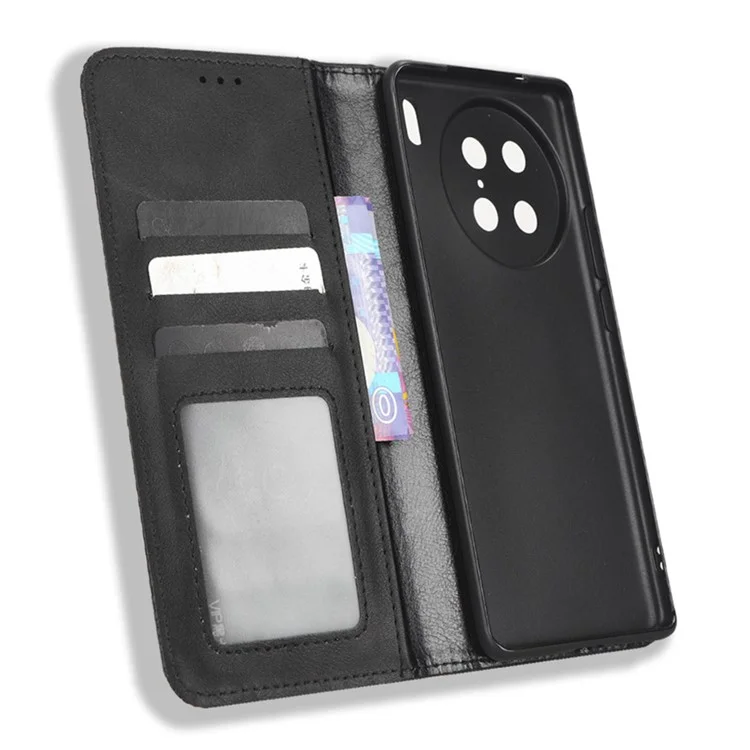 Para vivo X90 Pro 5G, funda de teléfono con soporte de cuero PU y textura retro, antirayazos, tipo cartera - Negro