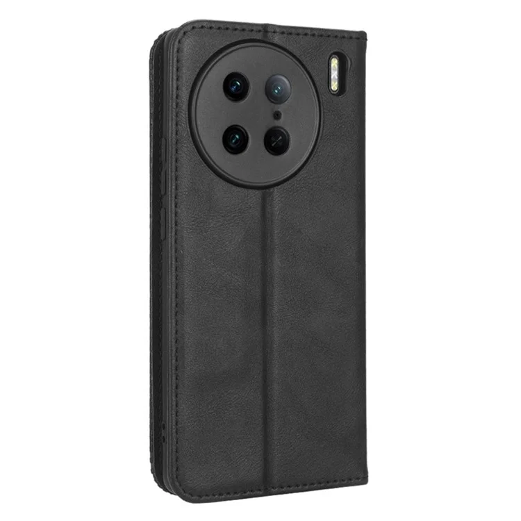 Para vivo X90 Pro 5G, funda de teléfono con soporte de cuero PU y textura retro, antirayazos, tipo cartera - Negro