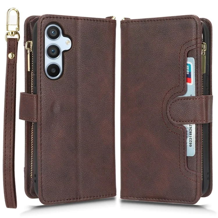 For Samsung Galaxy A54 5G Wallet Zipper Pocket Phone Case Drop Protection Phone Cover with Strap - Brown