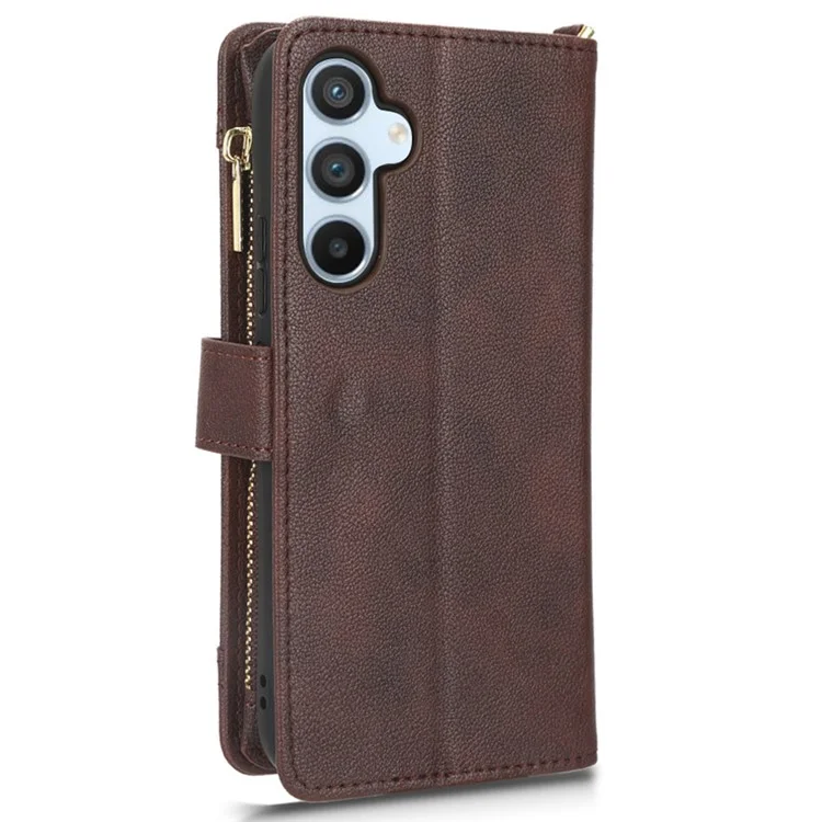 For Samsung Galaxy A54 5G Wallet Zipper Pocket Phone Case Drop Protection Phone Cover with Strap - Brown