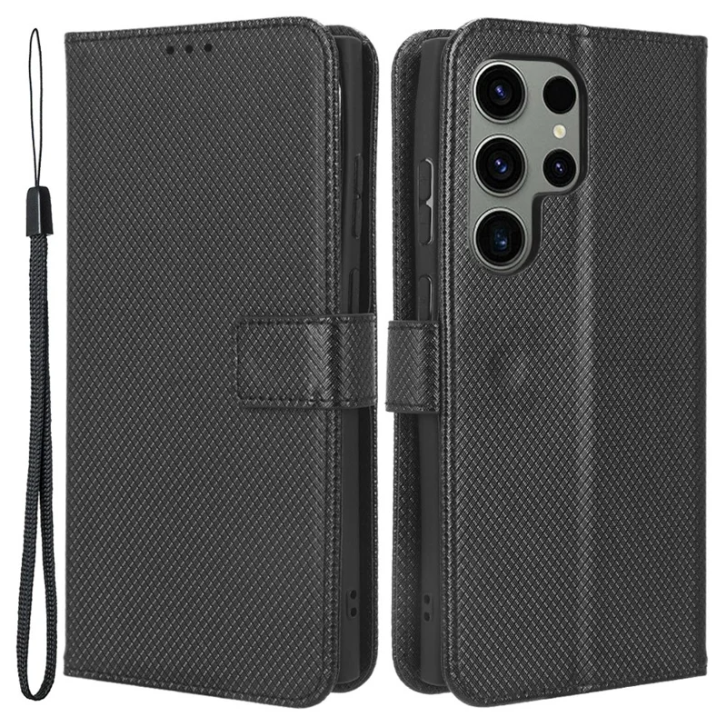 For Samsung Galaxy S23 Ultra Multipurpose Wallet Phone Stand PU Leather+TPU Phone Case Diamond Texture Phone Cover - Black