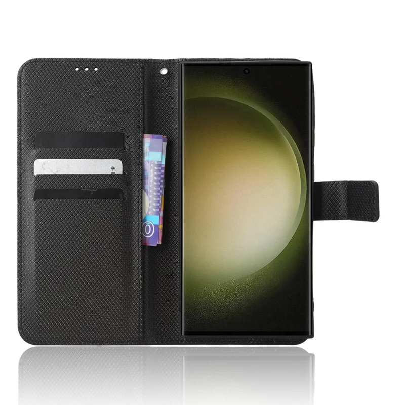 For Samsung Galaxy S23 Ultra Multipurpose Wallet Phone Stand PU Leather+TPU Phone Case Diamond Texture Phone Cover - Black