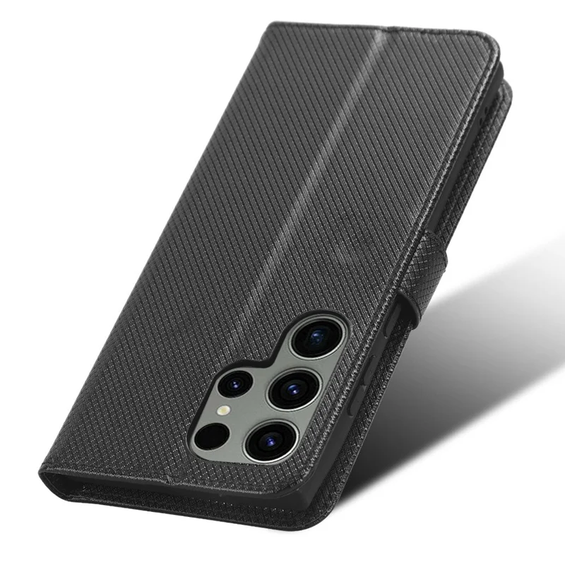 For Samsung Galaxy S23 Ultra Multipurpose Wallet Phone Stand PU Leather+TPU Phone Case Diamond Texture Phone Cover - Black