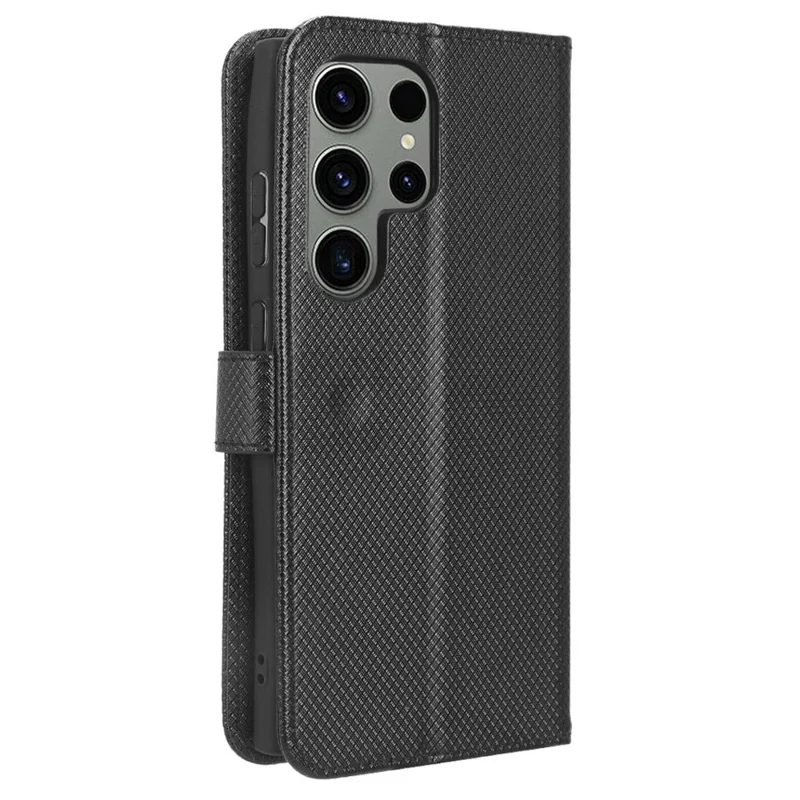 For Samsung Galaxy S23 Ultra Multipurpose Wallet Phone Stand PU Leather+TPU Phone Case Diamond Texture Phone Cover - Black