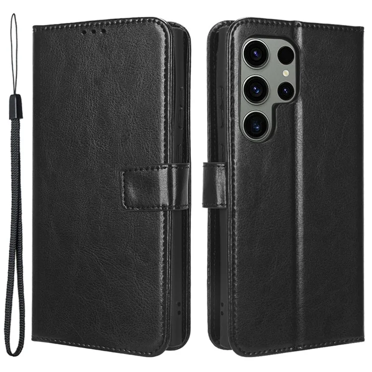 Mobile Phone Case for Samsung Galaxy S23 Ultra Crazy Horse Texture Wallet Stand PU Leather Phone Cover with Strap - Black