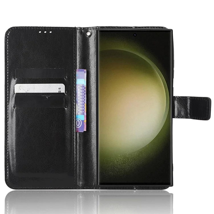 Mobile Phone Case for Samsung Galaxy S23 Ultra Crazy Horse Texture Wallet Stand PU Leather Phone Cover with Strap - Black