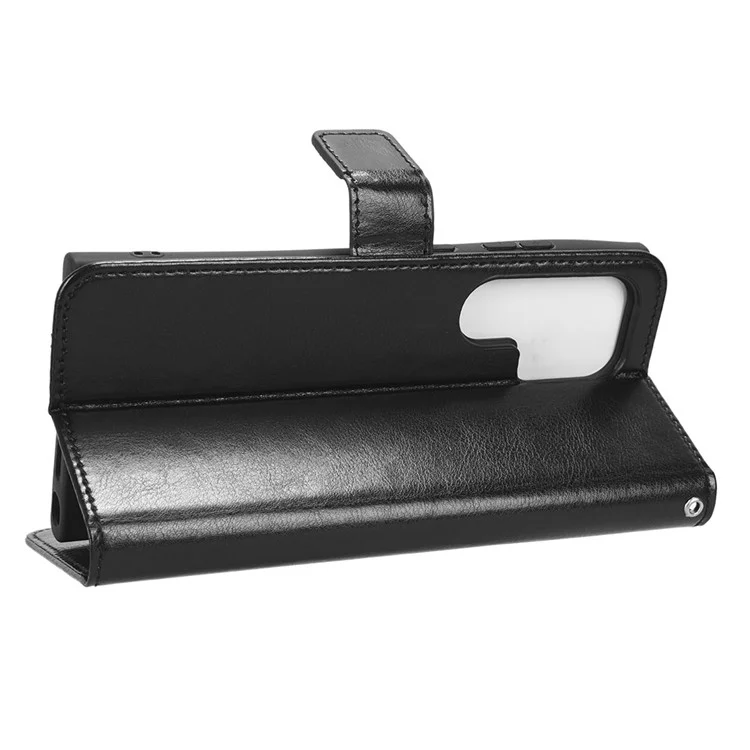 Mobile Phone Case for Samsung Galaxy S23 Ultra Crazy Horse Texture Wallet Stand PU Leather Phone Cover with Strap - Black