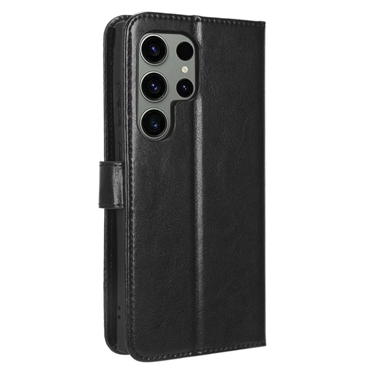 Mobile Phone Case for Samsung Galaxy S23 Ultra Crazy Horse Texture Wallet Stand PU Leather Phone Cover with Strap - Black