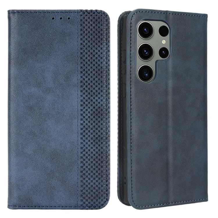 Per Samsung Galaxy S23 Ultra Retro Texture Phone Case PU Leather Stand Wallet Cellphone Cover - Blu
