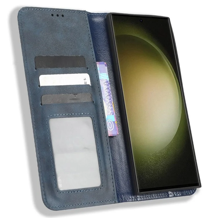 Per Samsung Galaxy S23 Ultra Retro Texture Phone Case PU Leather Stand Wallet Cellphone Cover - Blu