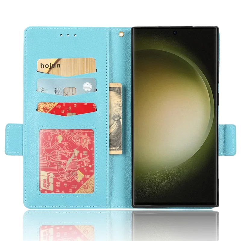 For Samsung Galaxy S23 Ultra Cell Phone Case Wallet Stand Litchi Texture PU Leather Dual Magnetic Clasp Cover - Baby Blue
