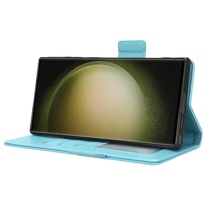 For Samsung Galaxy S23 Ultra Cell Phone Case Wallet Stand Litchi Texture PU Leather Dual Magnetic Clasp Cover - Baby Blue