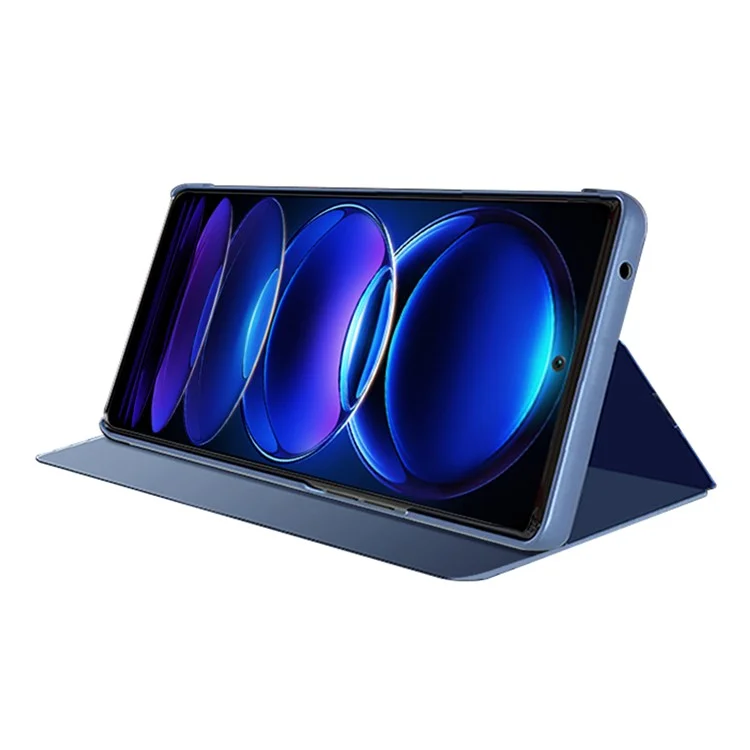 Per Xiaomi Poco X5 Pro 5G / Redmi Note 12 Pro Speed 5G / Note 12 Pro 5G Vista Finestra Custodia in Pelle PU Superficie Placcata Specchio Stand Cover - Blu