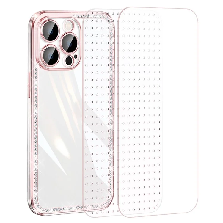 For iPhone 13 Pro 6.1 inch Electroplating Frame Phone Case TPU+PC Phone Cover with Camera Protection and Rhinestone Decor - Pink