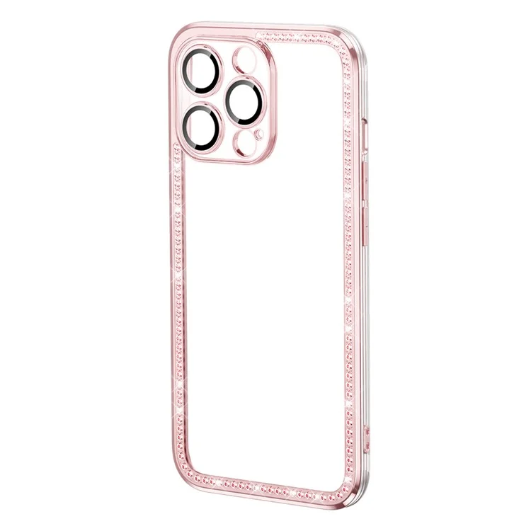 For iPhone 13 Pro 6.1 inch Electroplating Frame Phone Case TPU+PC Phone Cover with Camera Protection and Rhinestone Decor - Pink