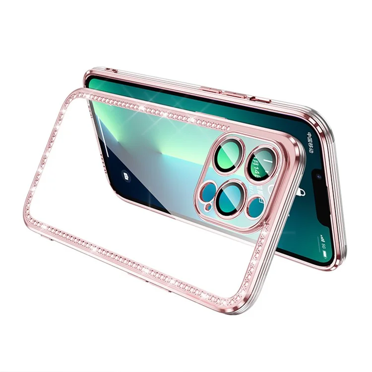 For iPhone 13 Pro 6.1 inch Electroplating Frame Phone Case TPU+PC Phone Cover with Camera Protection and Rhinestone Decor - Pink