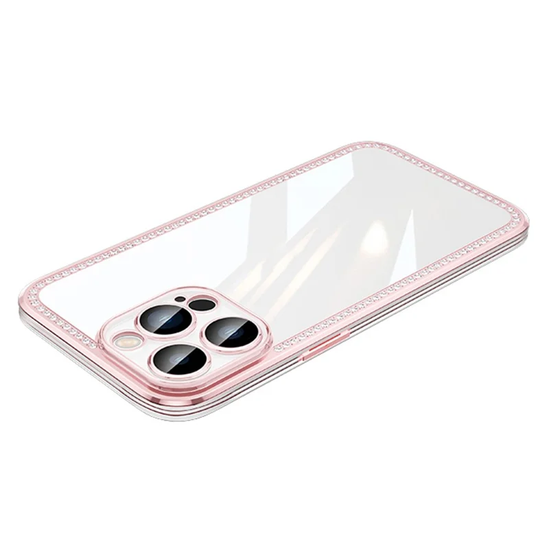 For iPhone 13 Pro Max 6.7 inch Rhinestone Decor TPU+PC Phone Cover Electroplating Frame Rear Lens All-wrapped Phone Case - Pink