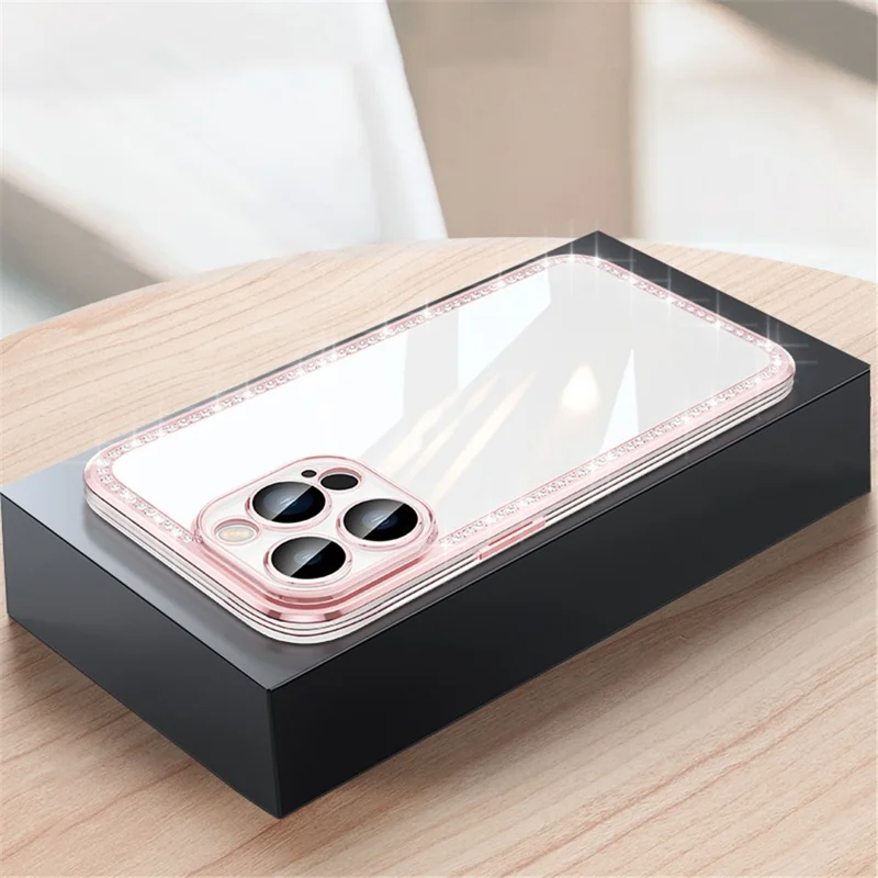 For iPhone 13 Pro Max 6.7 inch Rhinestone Decor TPU+PC Phone Cover Electroplating Frame Rear Lens All-wrapped Phone Case - Pink