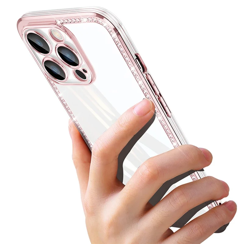 For iPhone 13 Pro Max 6.7 inch Rhinestone Decor TPU+PC Phone Cover Electroplating Frame Rear Lens All-wrapped Phone Case - Pink