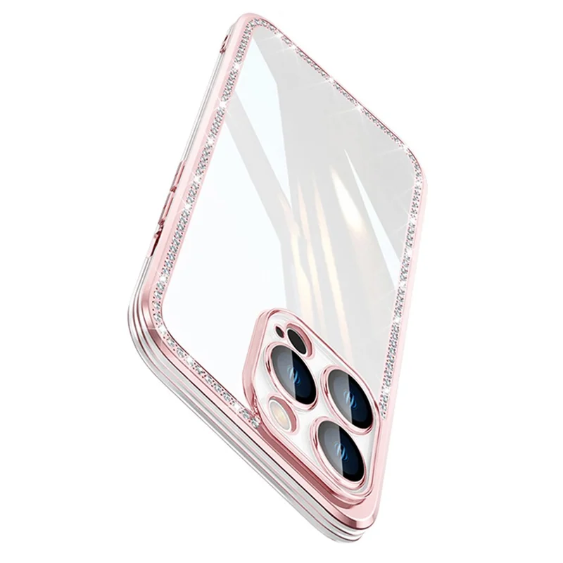 For iPhone 13 Pro Max 6.7 inch Rhinestone Decor TPU+PC Phone Cover Electroplating Frame Rear Lens All-wrapped Phone Case - Pink