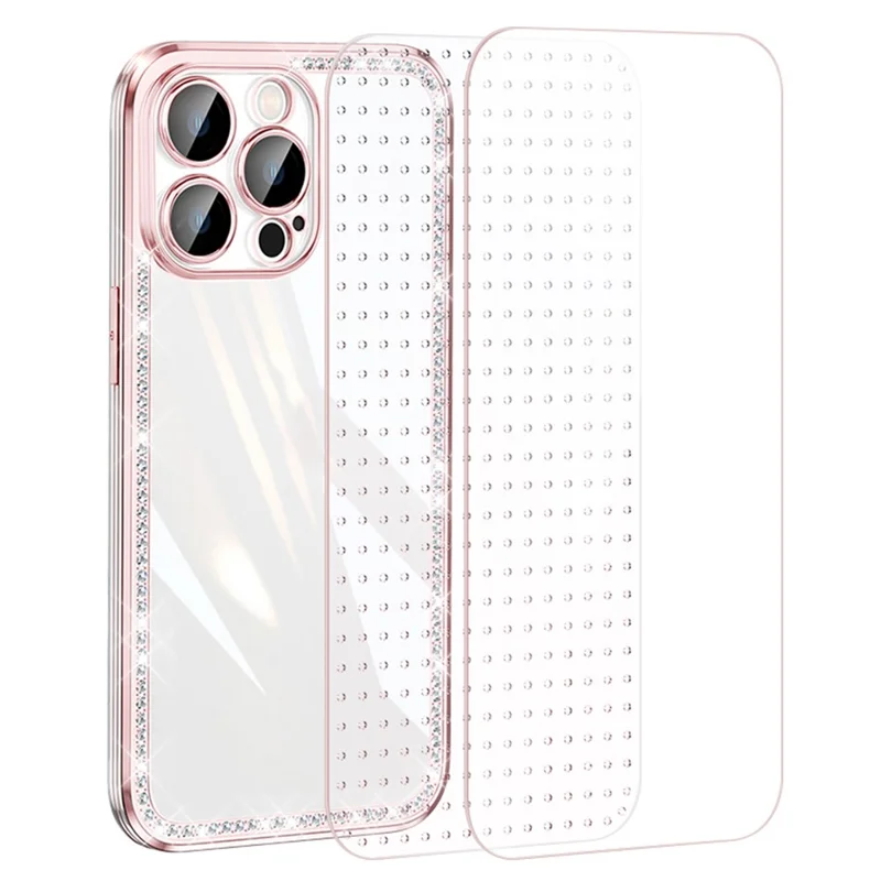 For iPhone 13 Pro Max 6.7 inch Rhinestone Decor TPU+PC Phone Cover Electroplating Frame Rear Lens All-wrapped Phone Case - Pink