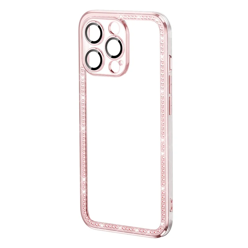 For iPhone 13 Pro Max 6.7 inch Rhinestone Decor TPU+PC Phone Cover Electroplating Frame Rear Lens All-wrapped Phone Case - Pink
