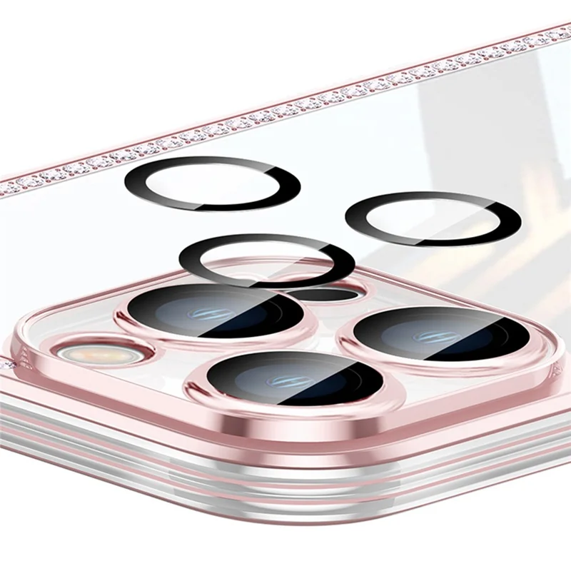 For iPhone 13 Pro Max 6.7 inch Rhinestone Decor TPU+PC Phone Cover Electroplating Frame Rear Lens All-wrapped Phone Case - Pink