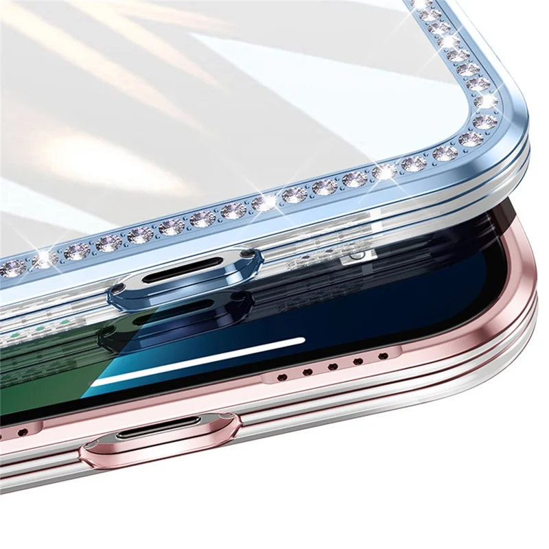 For iPhone 13 Pro Max 6.7 inch Rhinestone Decor TPU+PC Phone Cover Electroplating Frame Rear Lens All-wrapped Phone Case - Pink