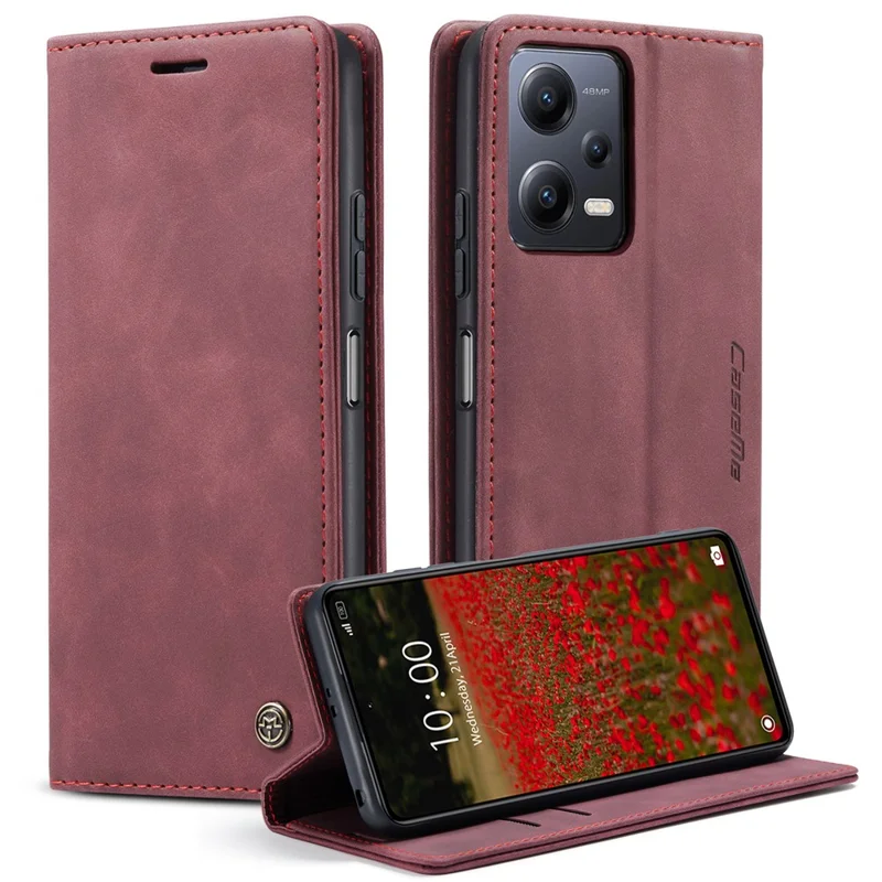 CASEME 013 Series Phone Case for Xiaomi Redmi Note 12 5G (Global) / (India) / (China) / Poco X5 5G Shockproof PU Leather Case Wallet Stand Cover - Wine Red