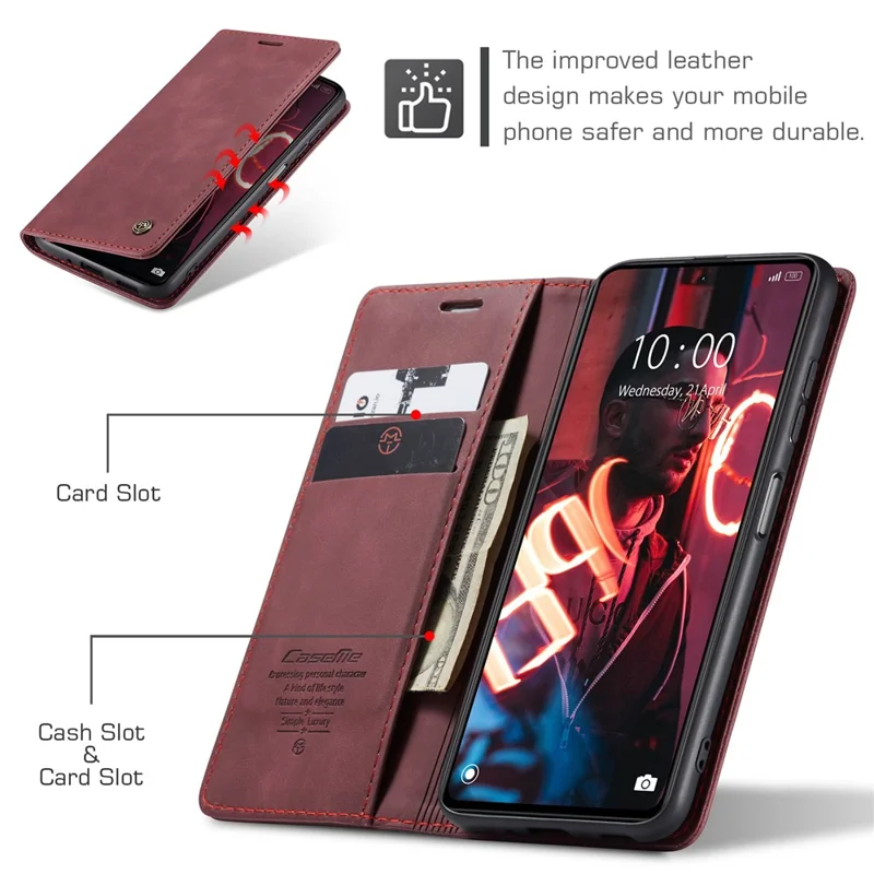 CASEME 013 Series Phone Case for Xiaomi Redmi Note 12 5G (Global) / (India) / (China) / Poco X5 5G Shockproof PU Leather Case Wallet Stand Cover - Wine Red