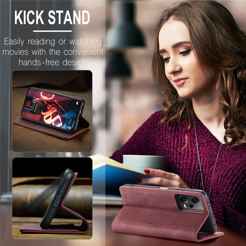 CASEME 013 Series Phone Case for Xiaomi Redmi Note 12 5G (Global) / (India) / (China) / Poco X5 5G Shockproof PU Leather Case Wallet Stand Cover - Wine Red