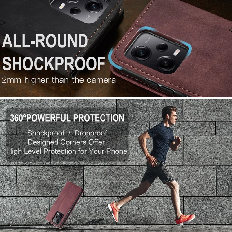 CASEME 013 Series Phone Case for Xiaomi Redmi Note 12 5G (Global) / (India) / (China) / Poco X5 5G Shockproof PU Leather Case Wallet Stand Cover - Wine Red