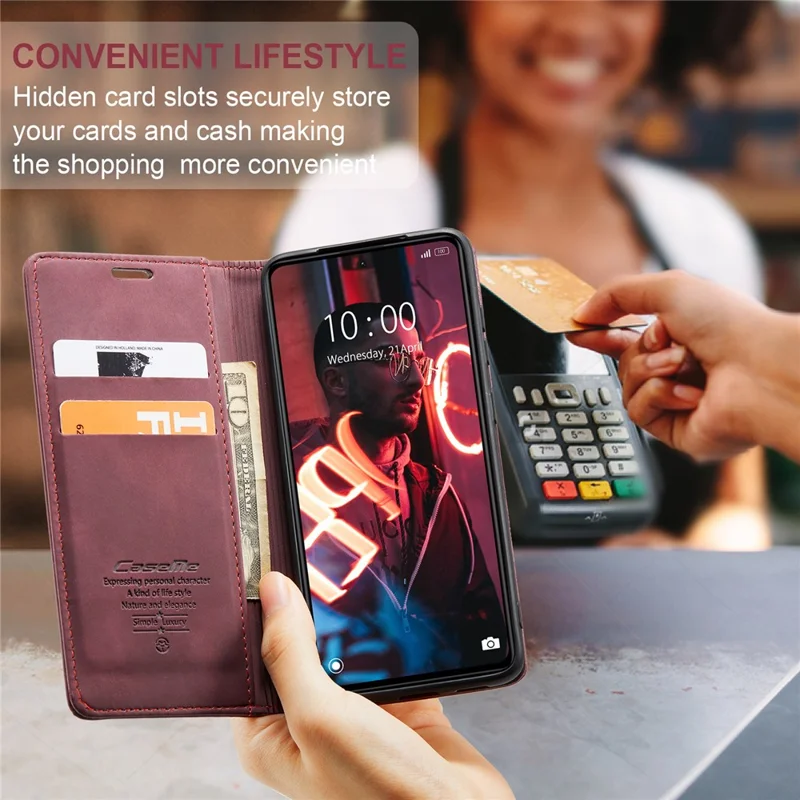 CASEME 013 Series Phone Case for Xiaomi Redmi Note 12 5G (Global) / (India) / (China) / Poco X5 5G Shockproof PU Leather Case Wallet Stand Cover - Wine Red